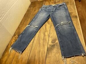 AMO Jeans Womens 29 Blue Loverboy Destroy Boyfriend High Rise USA Raw Hem Denim